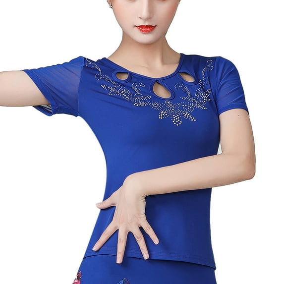 Women Ladies Glitter Rhinestone Crystal Keyhole Cutout Neck Top For Latin Ballroom Dance Practice Preformance