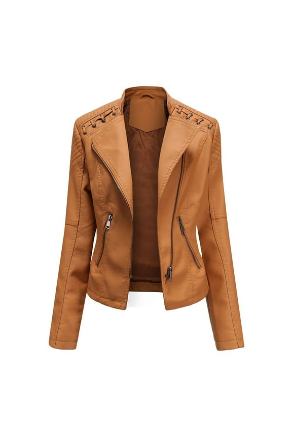 Women Ladies Lapel Motor Jacket Coat Zip Biker Short Punk Cropped Tops