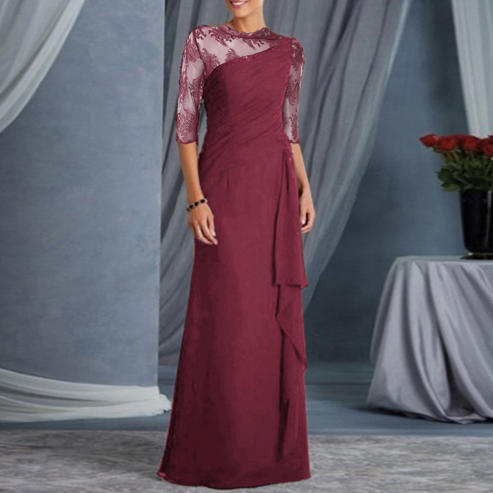 Women Ladies Long Lace Stitching Round Neck Sleeve Dress Formal Dress