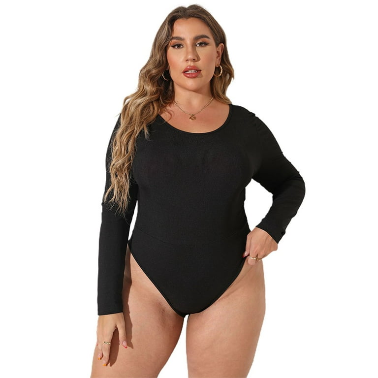 Women Ladies Plus Size O-Neck Rib-Knit Bodysuit Casual Long Sleeve Bodycon  Body Top Black 3XL