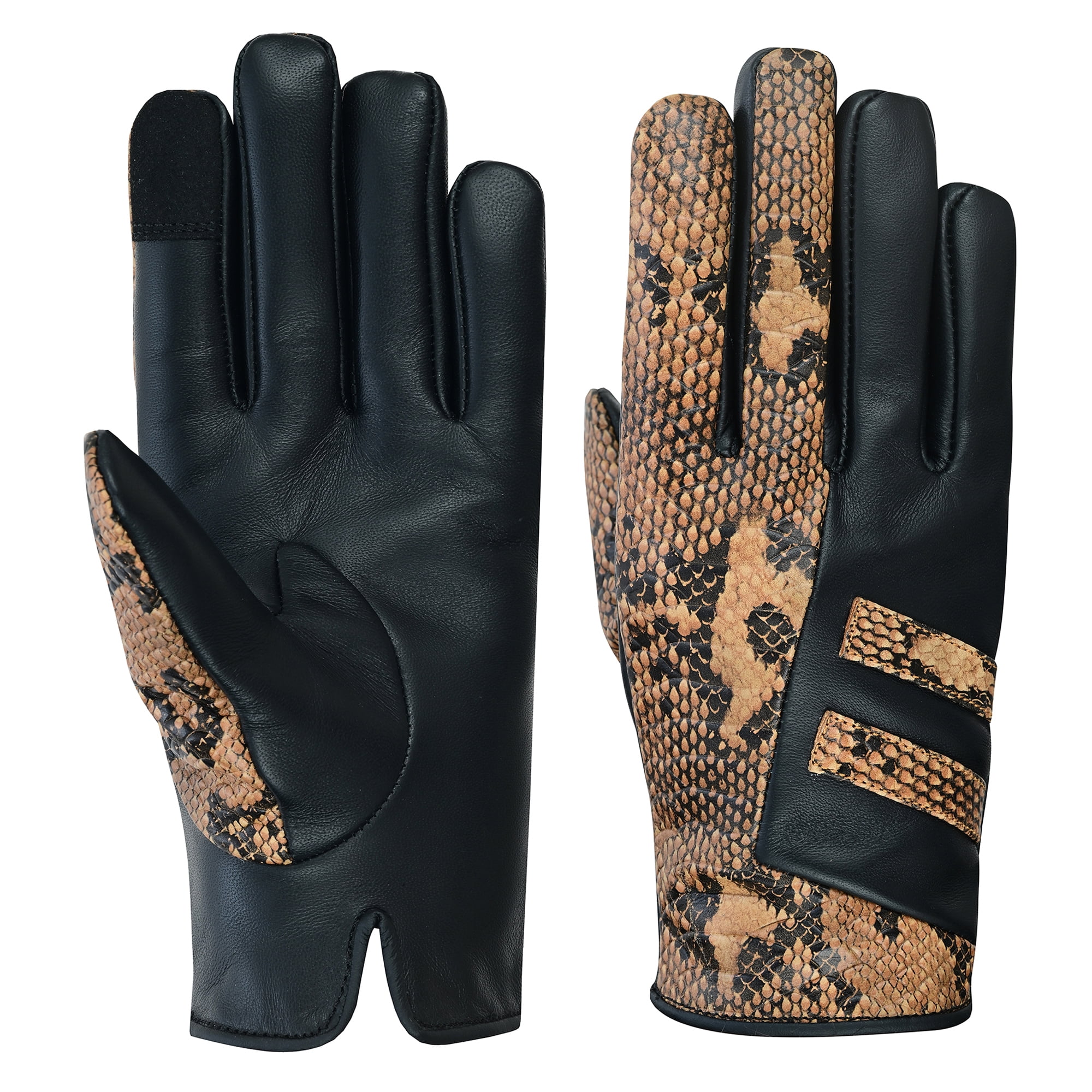 Women Ladies Python Snake Embossed Leather Dress Gloves Full Finger Motorcycle Biker Riding Gloves Brown-S