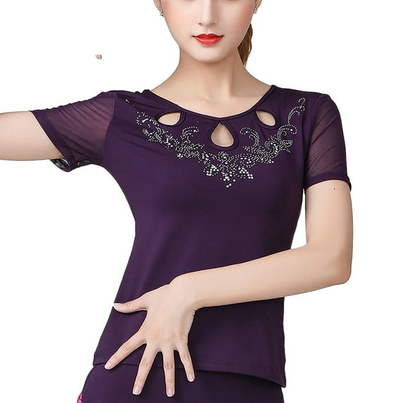 Women Ladies Rhinestone Embroidered Mesh Short Sleeve Top Cutout For Latin Ballroom Dance Practice Preformance