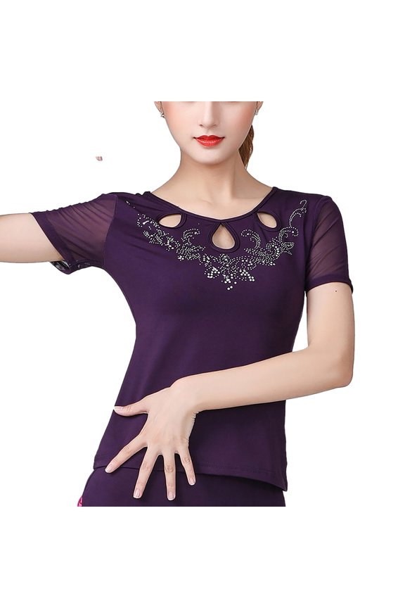 Women Ladies Rhinestone Gem Cutout Gym Top For Latin Ballroom Dance Practice Preformance