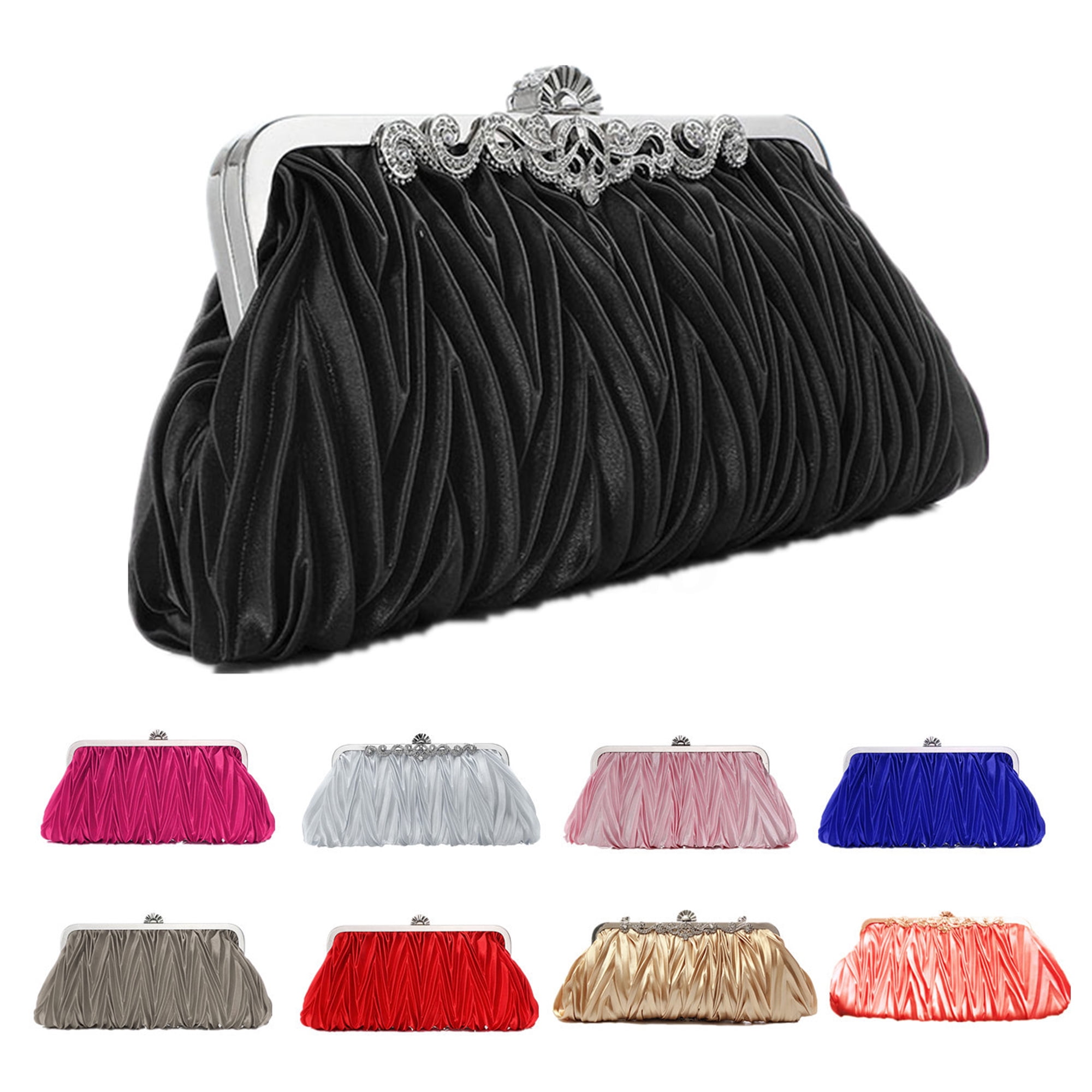Women Ladies Satin Crystal Bridal Handbag Clutch Party Wedding Purse Evening Bag