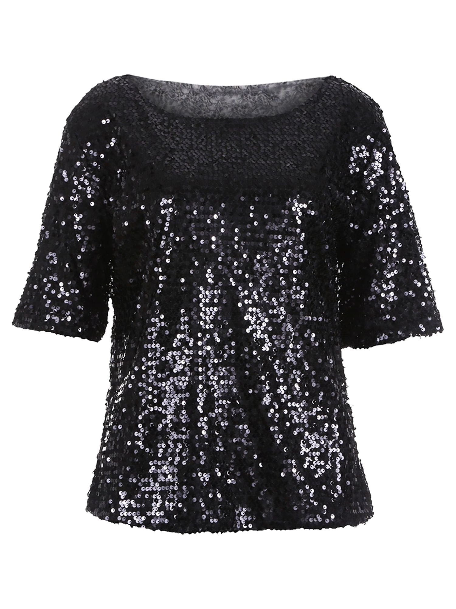 Women Ladies Sequin Lady Sparkle Glitter Blouse Short Sleeve Party Top ...