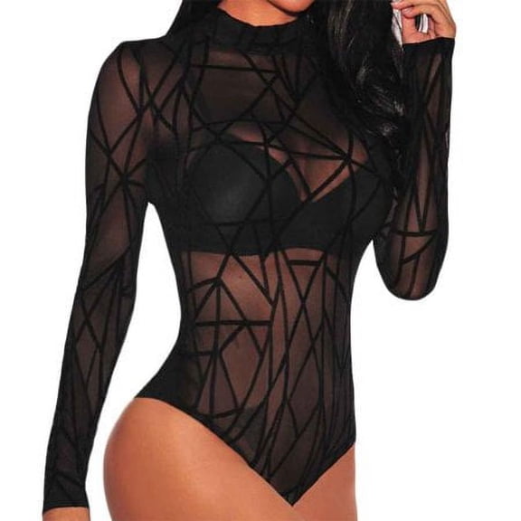 Women Ladies Sheer Bodysuit Top Sexy Long Sleeve Rompers Bodysuit Body Black Lace Romper Playsuit