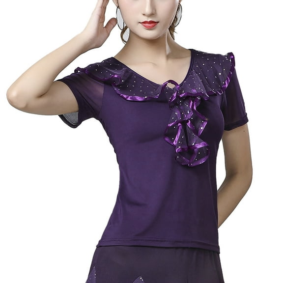 Women Ladies Short Sleeve V Neck Frill Blouse Waltz Foxtrot Tango Dance Tops