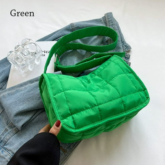 Women Ladies Solid Color Cotton-Padded Casual Shoulder Bags Quilted Handbags Underarm Bags GREEN