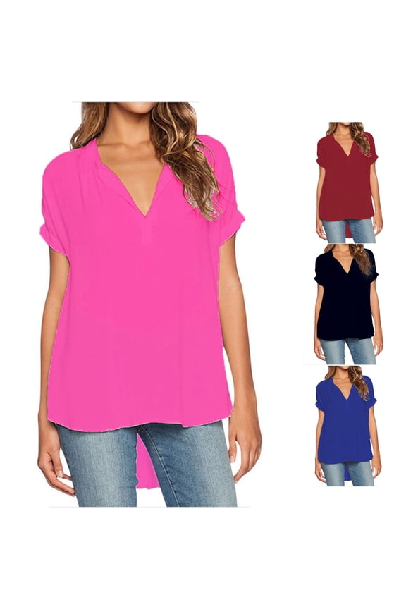 Women Ladies V Neck Short Sleeve Front Short Back Long Solid Loose Chiffon Shirt Top Plus Size Blouse