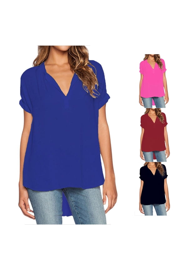 Women Ladies V Neck Short Sleeve Front Short Back Long Solid Loose Chiffon Shirt Top