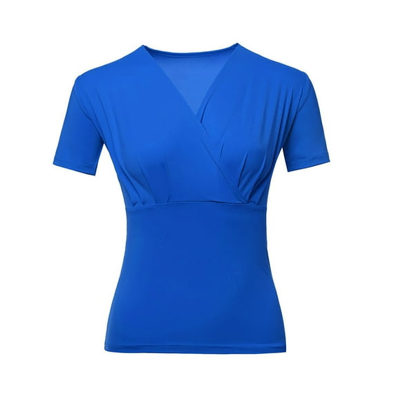 Women Ladies V Neck Wrap Around Top For Social Latin Dances Dance Practice Preformance Blue Short Sleeve