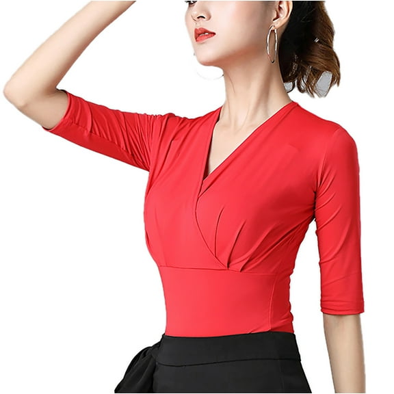 Women Ladies V Neck Wrap Top Fitted For Latin Ballroom Dance Practice Preformance Red Half Sleeve