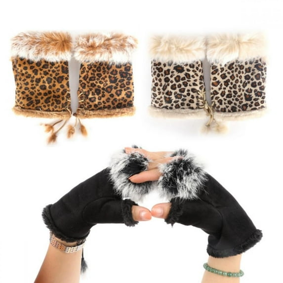 Women Ladies Winter Faux Fur Fingerless Gloves Soft Warm Mittens Fur Lined