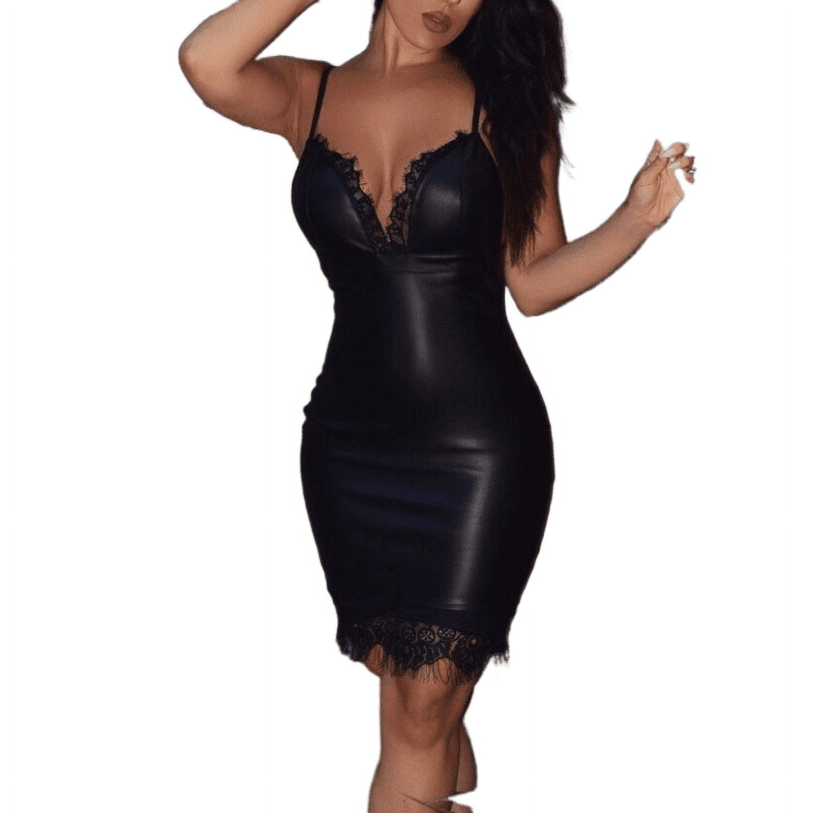 Womens Faux Leather Mini Dress Cutout Open Breast Bodycon Party