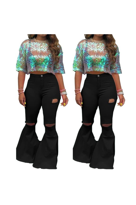 women lady fashion hole zipper wide leg pants boot cut pant jeans trousers