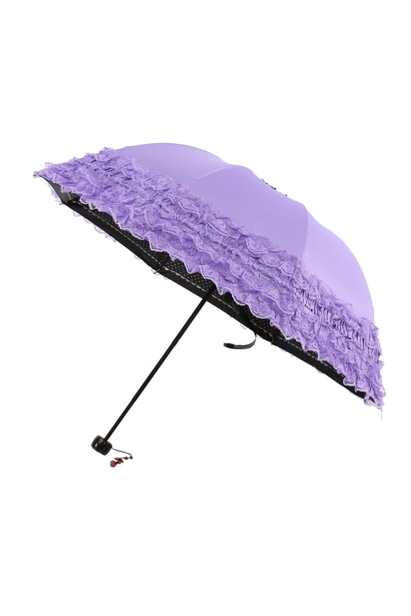 Women Lady Portable 3 Folding Lace Sun Umbrella Parasol Anti-UV Windproof Umbrellas(Purple)