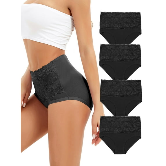 Women Lady Sexy Lace Hipster Underwear Cotton Briefs High Waisted Panties Stretch Briefs Underwear 4-Pack