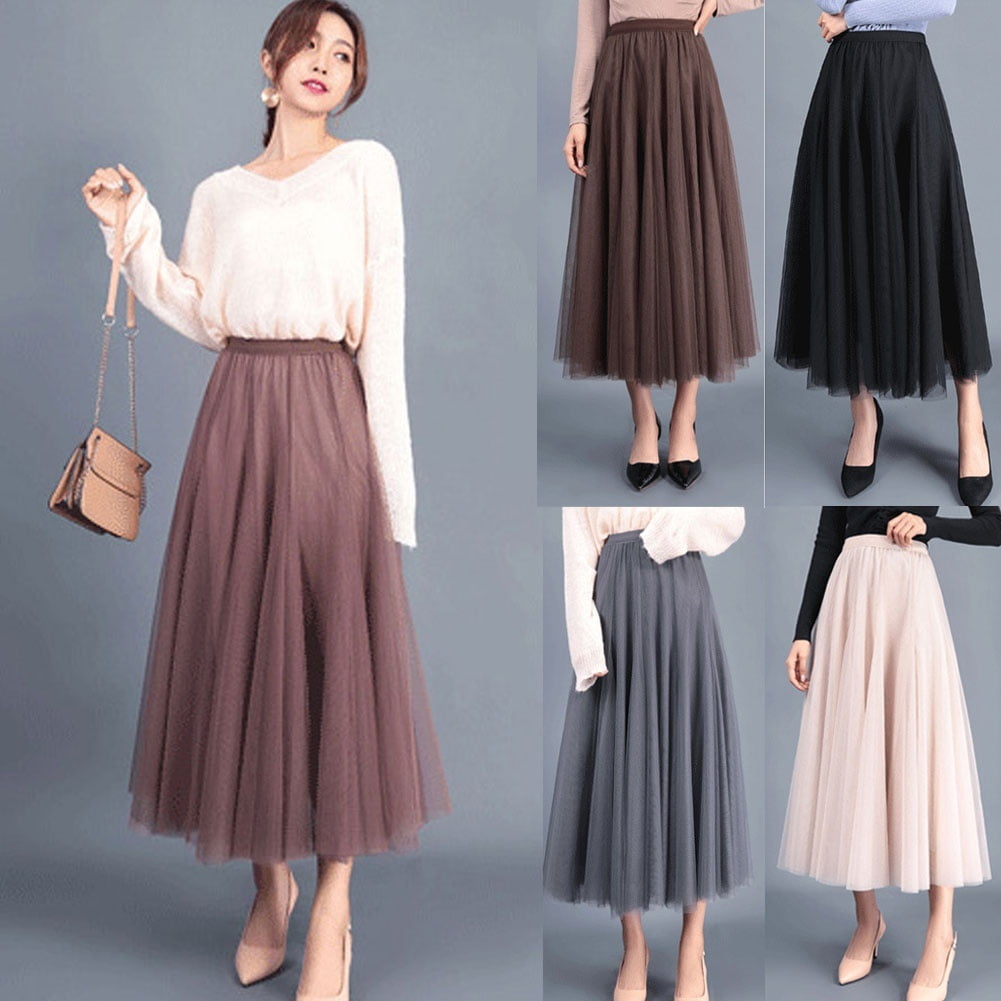 Women Beauty Pleated Tulle Mesh Skirt Elastic High Waist Layers Maxi Long  Dress