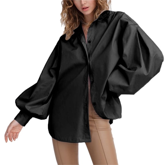 Women Lantern Sleeve Button Up Shirt Round Neck Long Sleeve Top Pure Color Loose Shirt for Commuting Black L