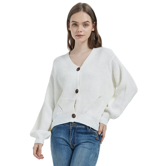 Women Lantern Sleeve Cardigan Button Down Open Front Knit Sweater Coat