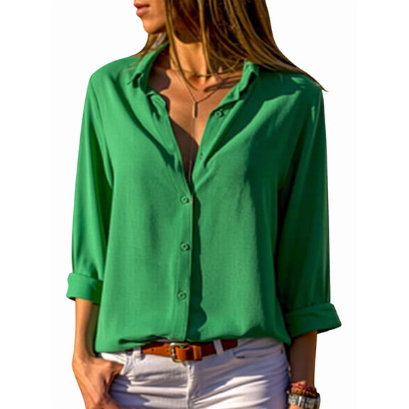 Women Lapel Button Down Chiffon Shirts Solid Color Office Blouse Casual Long Sleeve Tops Green M