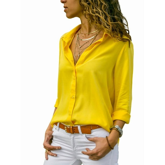 Women Lapel Button Down Chiffon Shirts Solid Color Office Blouse Casual Long Sleeve Tops Yellow M