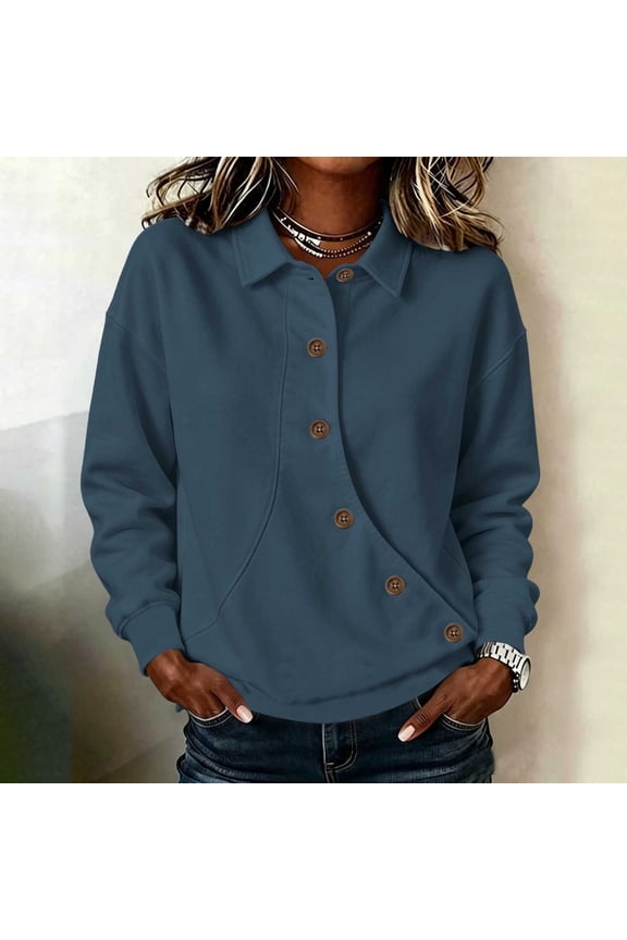 Women Lapel Button Pullover Sweatshirt, Long Sleeve Casual Top with Pouch Pocket, Versatile Transitional Season Apparel for Daily Commuting and Leisure Occasions