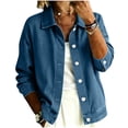 thumbnail image 1 of Women Lapel Collar Button Down Soft Washed Denim Jacket Long Sleeve Loose Outerwear Spring Fall Winter Street Loungewear Blue, 1 of 6