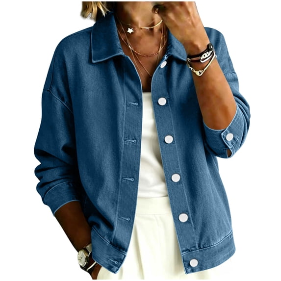 Women Lapel Collar Button Down Soft Washed Denim Jacket Long Sleeve Loose Outerwear Spring Fall Winter Street Loungewear Blue