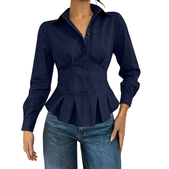 Women Lapel Collar Button Down Shirt Long Sleeve Slim Fit Waist Cinched Peplum Hem Flared Blouse Elegant Fitted Casual office Shirts for Spring Autumn Navy