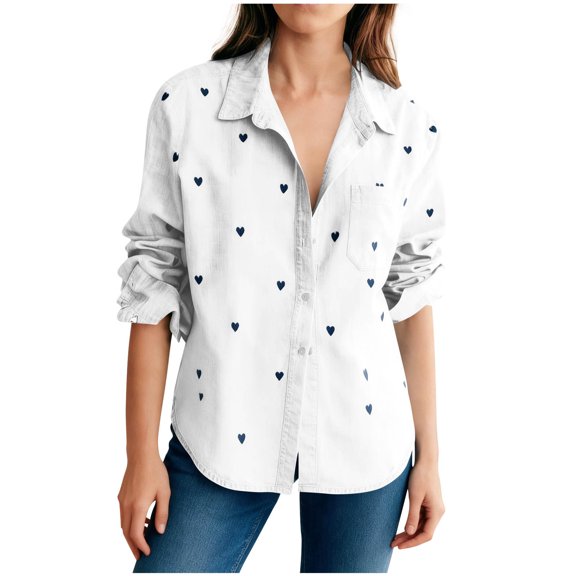 Women Lapel Collar Shirt, Fashion Heart Print Long Sleeve Button Down Tops, Loose Fits Versatile Blouses with Pockets,White,L