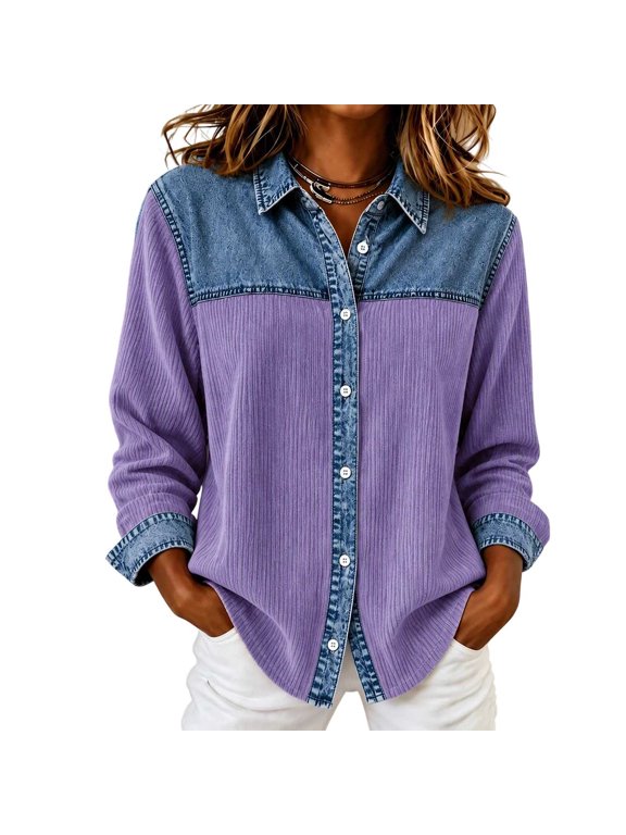 Women Lapel Denim Corduroy Patchwork Shacket, Long‑Sleeve Button‑Up Loose Casual Jacket with Side Pockets for Daily Work Vacation Wear Purple S