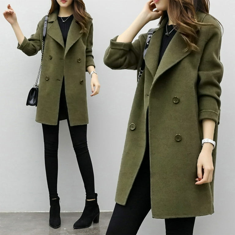 Women Lapel Double Breasted Woolen Long Trench Coat Lapel Collar Cardigan  Outerwear Warm Thick Peacoat Jacket Overcoat Formal