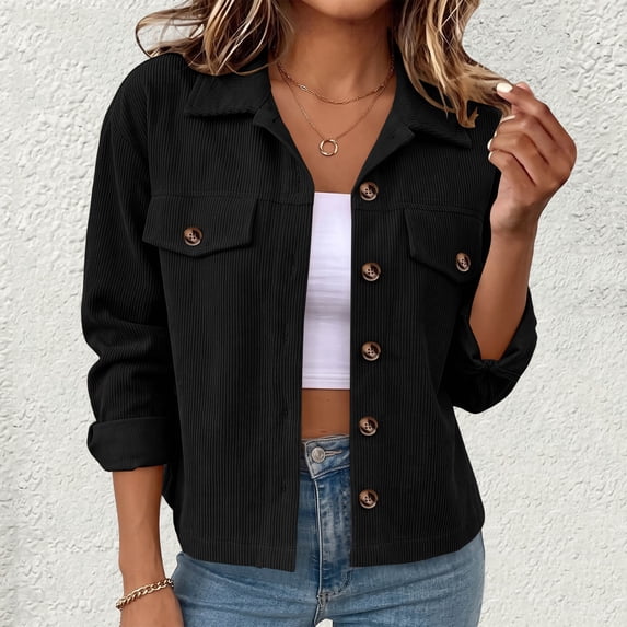 Women Lapel Fashion Winter Button Cardigan Corduroy Top Coat Black XL