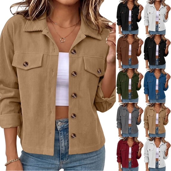 Women Lapel Fashion Winter Button Cardigan Corduroy Top Coat Khaki XL