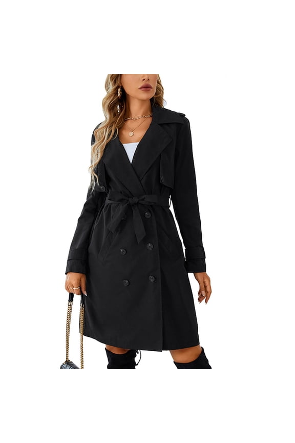 Women Lapel Jacket Double Breasted Button Cuffs Long Sleeves Belted Waist Mid Length Modern Wind Coat for Autumn Black XXL