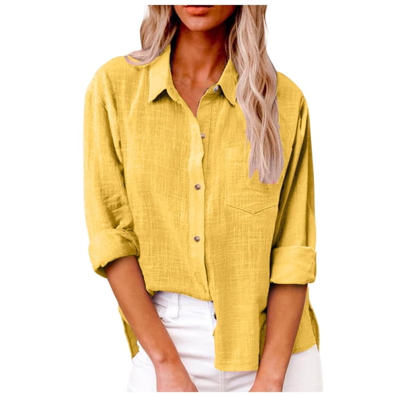Women Lapel Long Sleeve Casual Shirt Spring Summer Solid Color Pocket Detail Side Slit Top