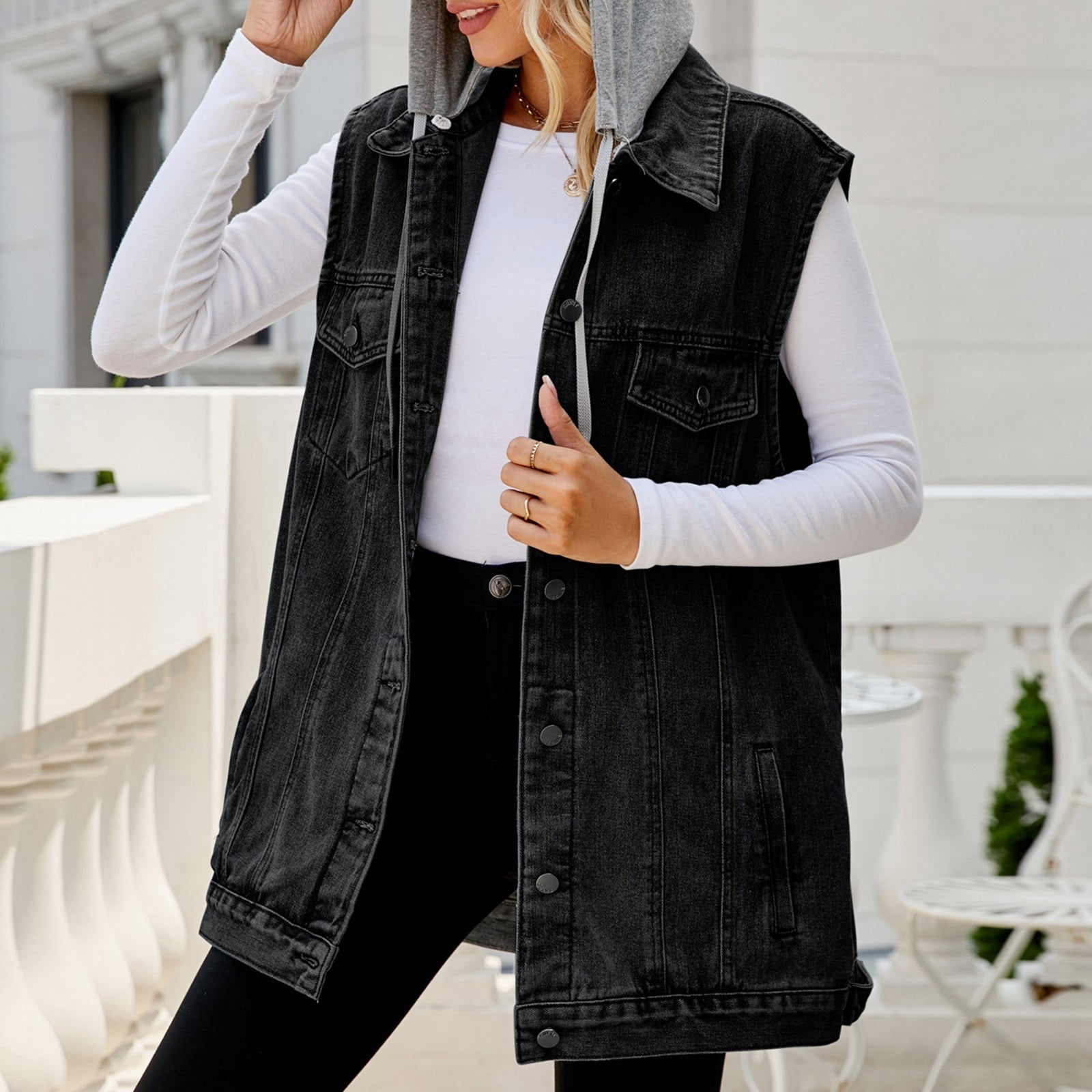 Women Lapel Loose Blouse Casual Fashion Loose Denim Waist Coat Sleeveless Vest Button Hooded Detachable Coat Fall Running Vest And Womens Petite Vests Sleeveless Trench Coats for Women Long Suede