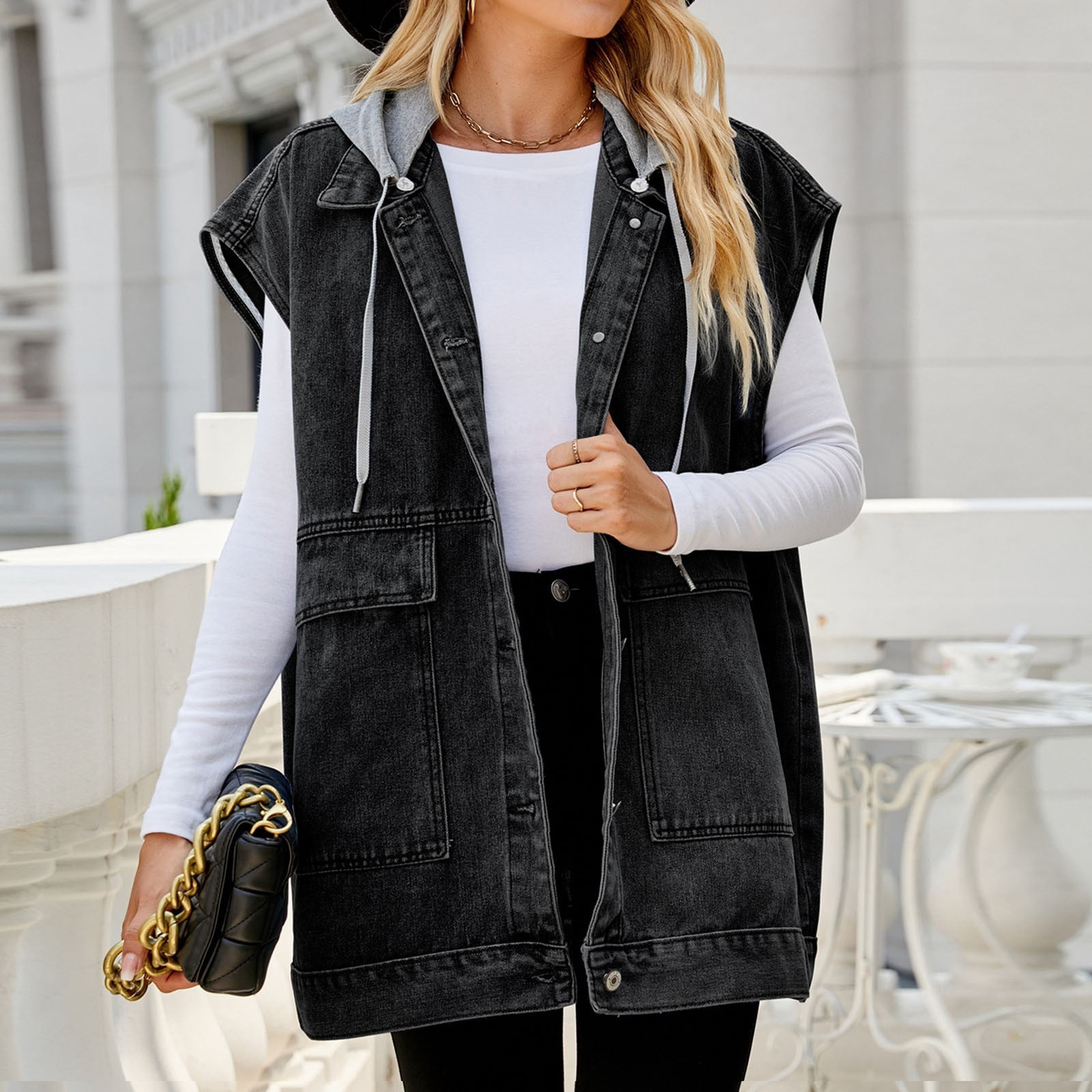 Women Lapel Loose Blouse Fashion Loose Denim Waist Coat Sleeveless Vest Button Hooded Detachable Coat Running Vest Half Jackets for Women Holiday Vests for Women down Vests Women plus Size Winter