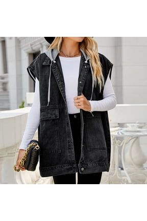 Women Lapel Loose Blouse Fashion Loose Denim Waist Coat Sleeveless Vest Button Hooded Detachable Coat Running Vest Half Jackets for Women Holiday Vests for Women down Vests Women plus Size Winter