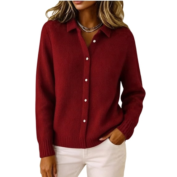 Women Lapel Shirt Full Front Single Row Button Long Sleeve Loose Fit Knit Cardigan Sweater Wine Red XXL