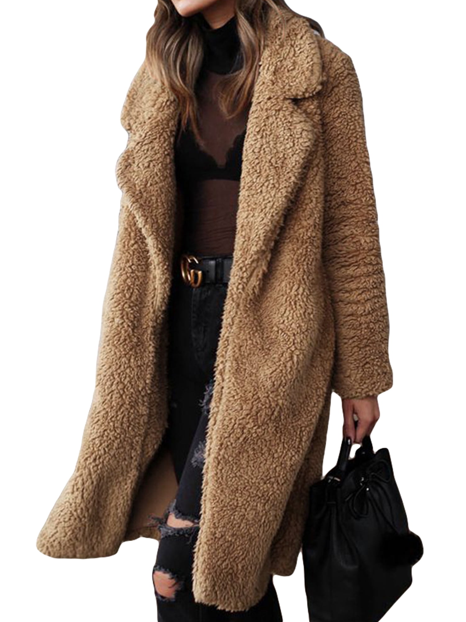 Women Lapel Teddy Bear Coat Faux Fur Fleece Jacket Overcoat Long