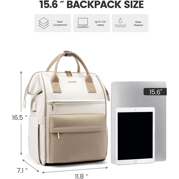 Women Laptop Backpack 15.6 Inch Travel Bag with USB Charging Port Waterproof Large Capacity Business College Airline Approved Beige