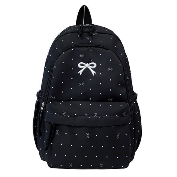 Women Laptop Backpack Large Capacity Aesthetic Daypack with Polka Dot Bow Pendant Casual Travel Backpack for Outings Picnics (Black)