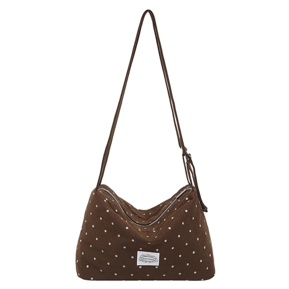 Women Large Capacity Shoulder Bag With Zipper Closure Polka Dot Crossbody Purse Adjustable Strap Shoulder Messenger Bag For Travel Shopping Work Daily Use (Coffee)