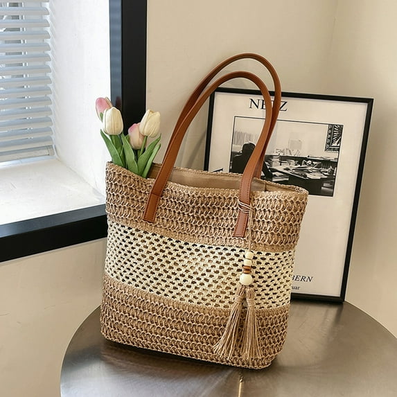 Women Large Capacity Tote Bag Summer Beach Bag Handbag With Tassel, Beach Shoulder Bag Handbag for Travel Daily Shopping