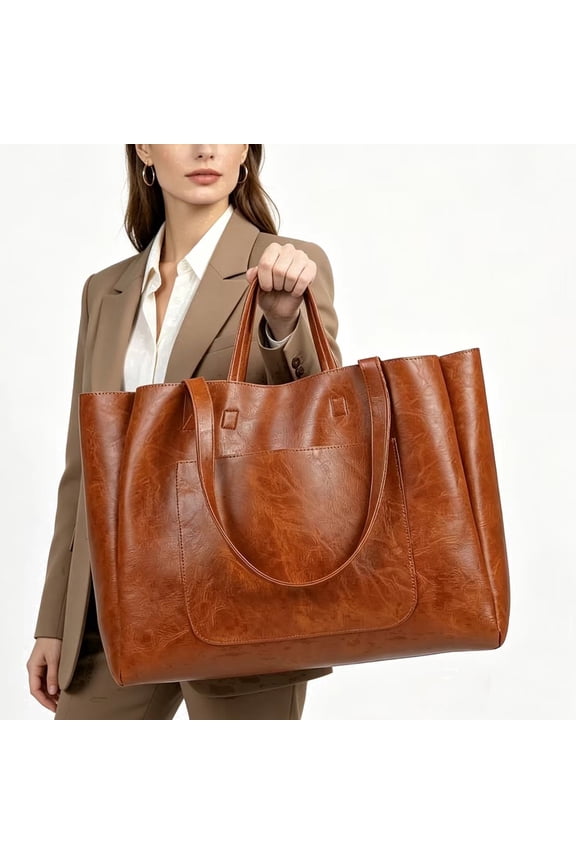 Women's Open PocketsTote Shoulder Bag, Large Capacity PU Soft Leather, Yellow Brown
