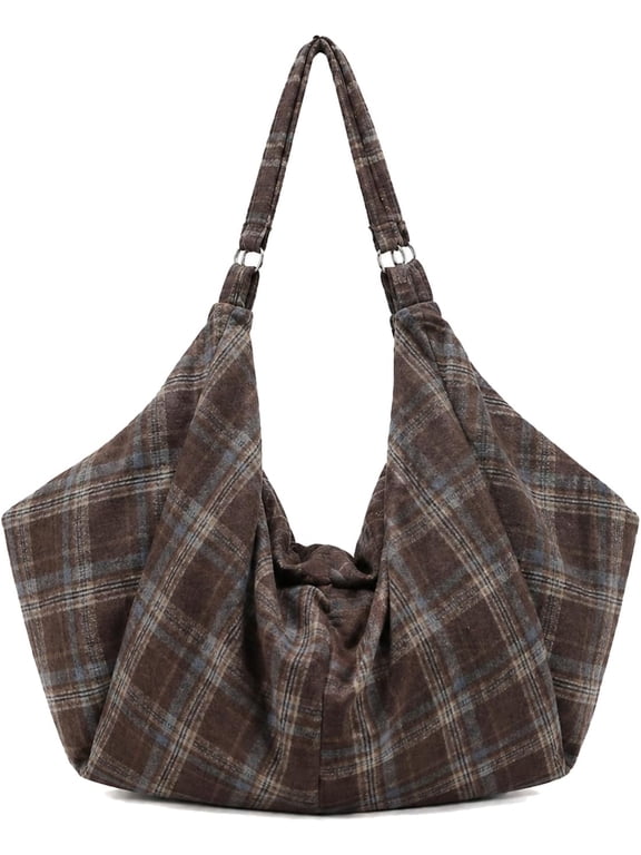 Women Large Checkered Flannel Hobo Bag Casual Gym Shoulder Purse Work Travel Slouchy Tote Handbag