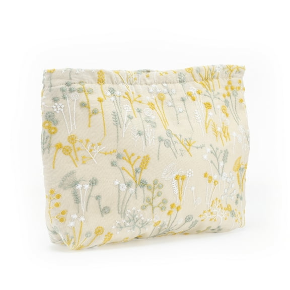 Women Large Embroidery Makeup Bag for Outdoor Activities Travel Beige Yellow Cotton Line