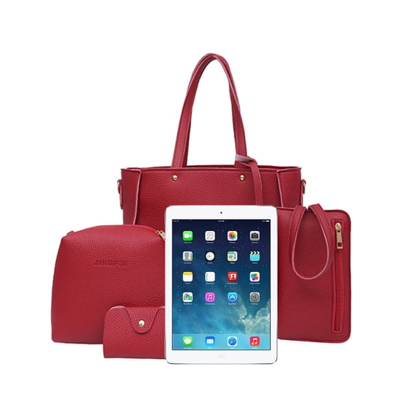 Women Large Shoulder Handbag Tote PU Leather Purses and Handbags for Women Top Handle Crossbody Bag Ladies Wallet Set 4pcs Red